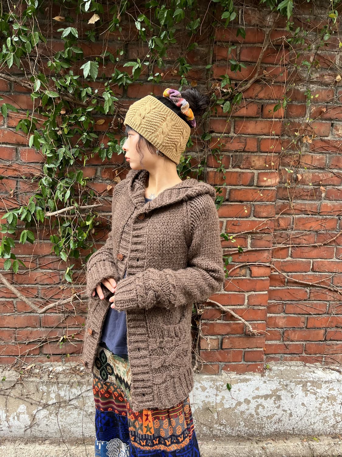 일본 브라운 케이블 포인트 후드 니트 카디건 상품이미지2