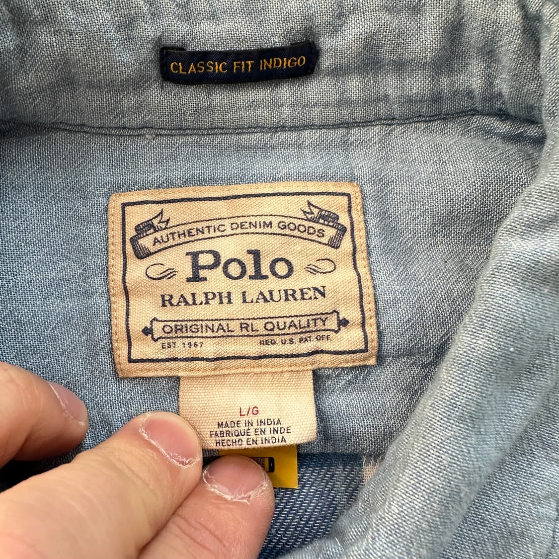 폴로 랄프로렌 클래식핏 인디고 샴브레이 이중구조 셔츠 L QR인증  상품이미지4