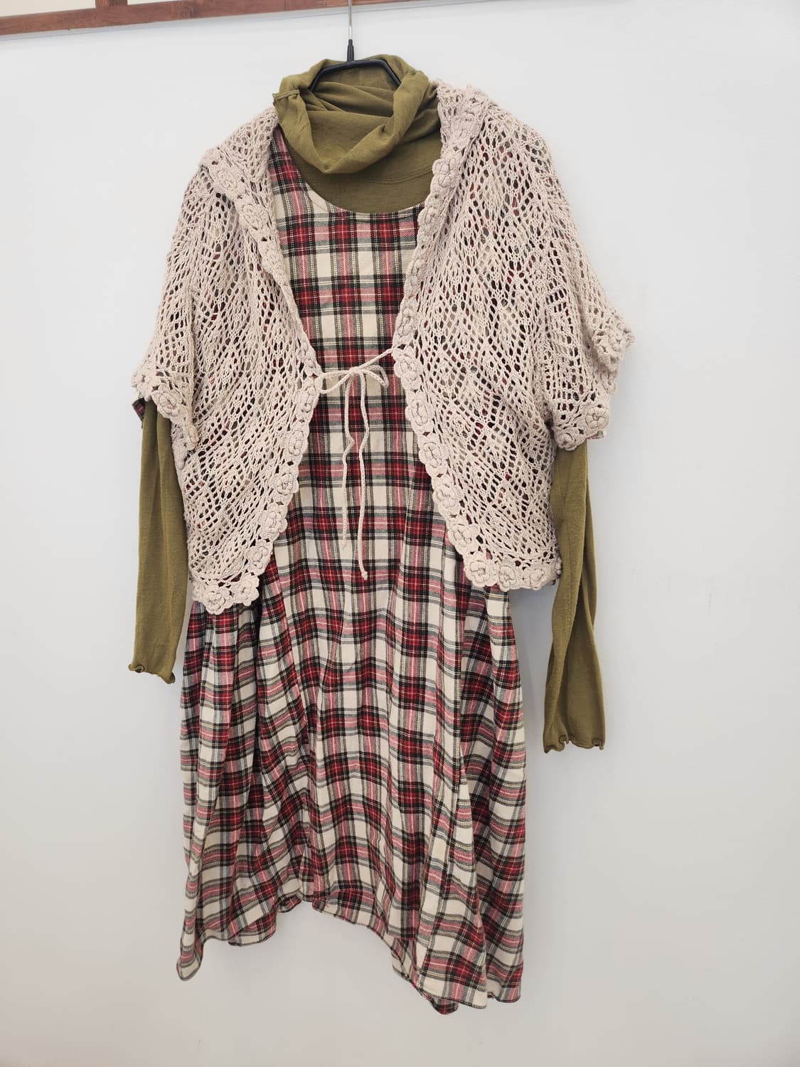 (지구샵)  체크원피스 3종세트 크로셰후드에요~ 상품이미지1