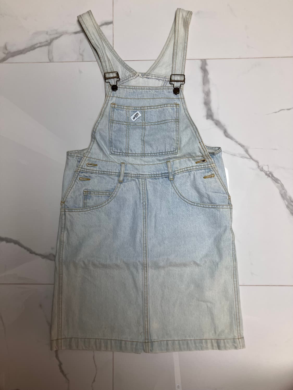 80s 빈티지 게스 데님 청치마 멜빵치마 오버롤 연청 라이트워시  상품이미지4