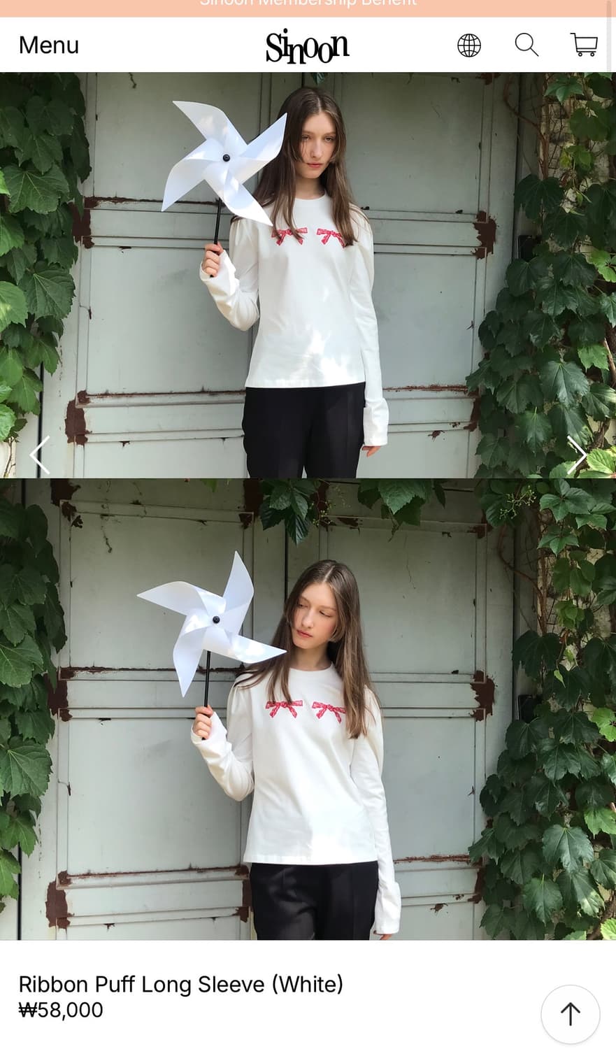 SINOON 시눈 레드 리본 포인트 퍼프 소매 화이트 롱 슬리브 티 상품이미지1