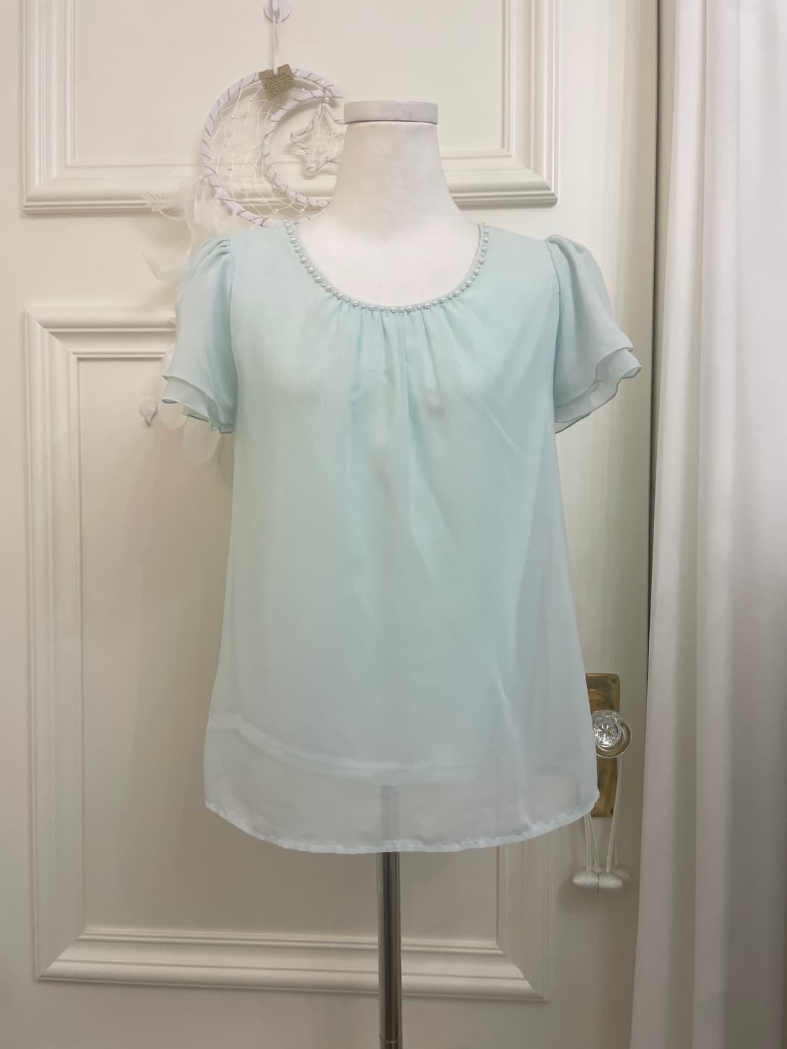 sheer mint puff sleeve lovely blouse 상품이미지1