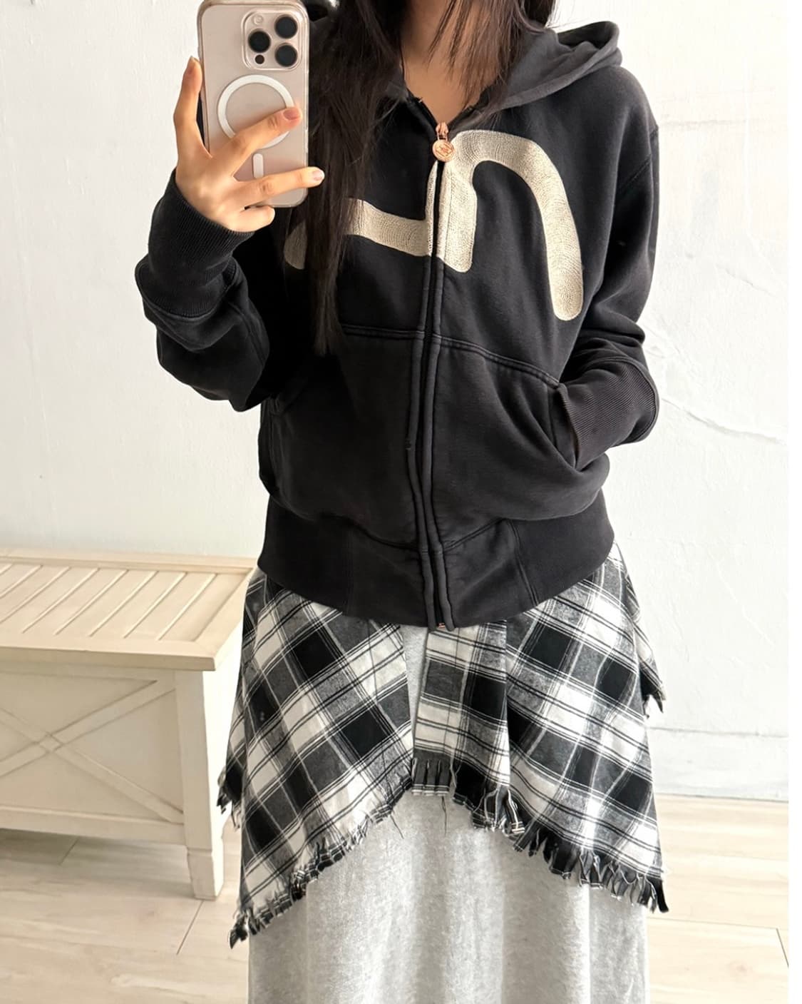 Check layered skirt+gray long skirt set 상품이미지9