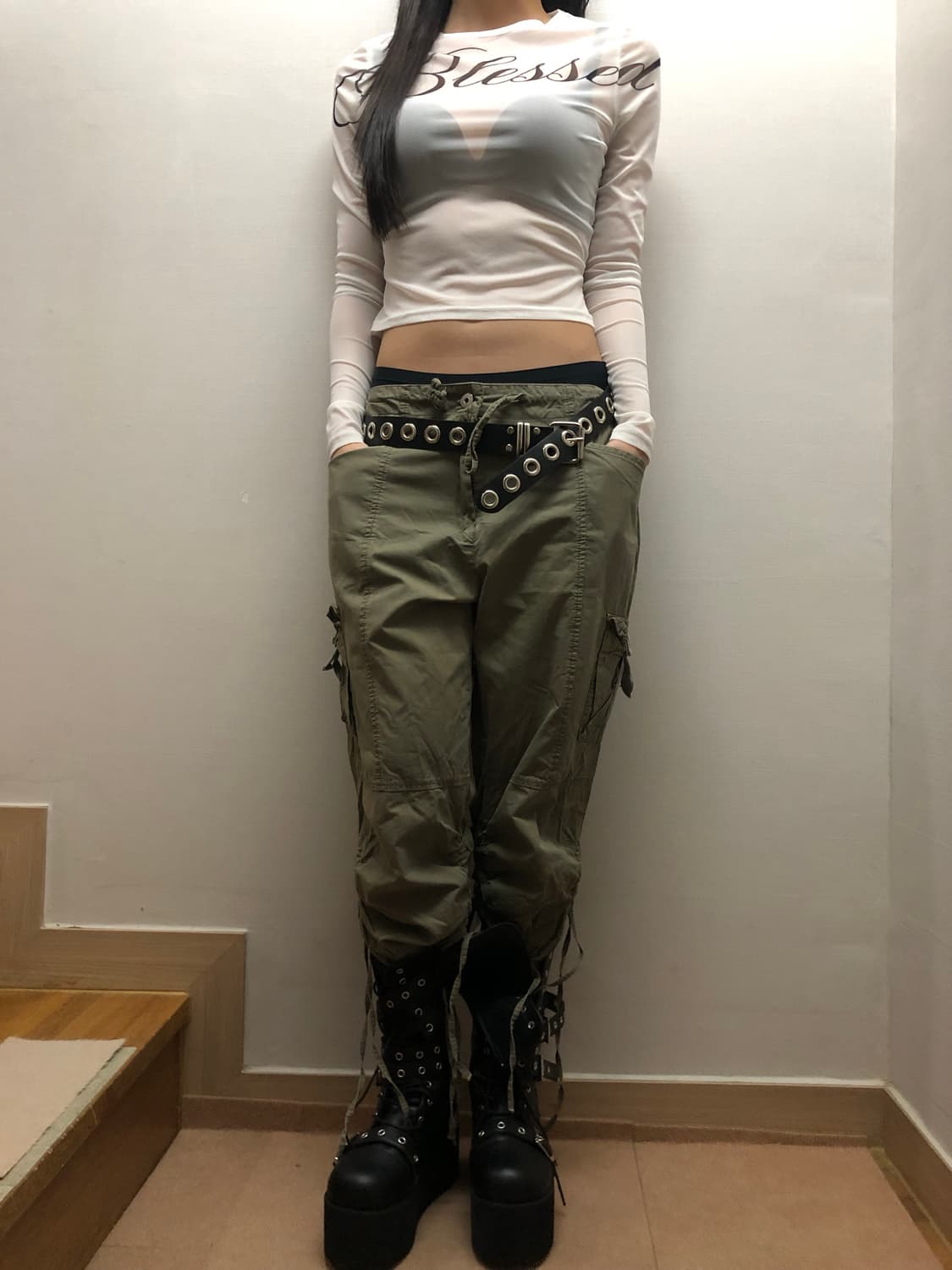 빈티지 카키 카고 셔링 카프리 팬츠 상품이미지3