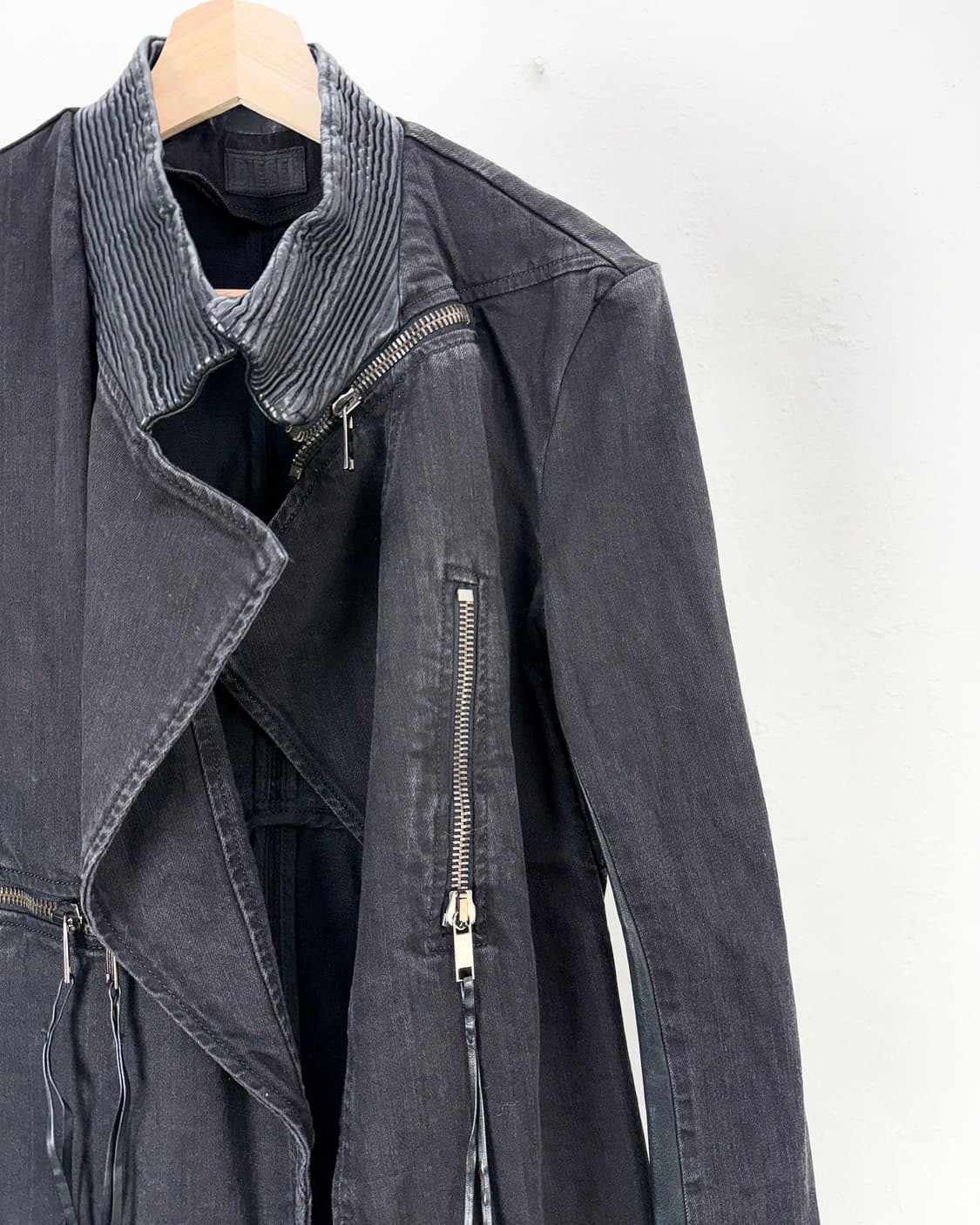 디젤 00s 블랙 레더 믹스드 오픈 카라 바이커 자켓 상품이미지4