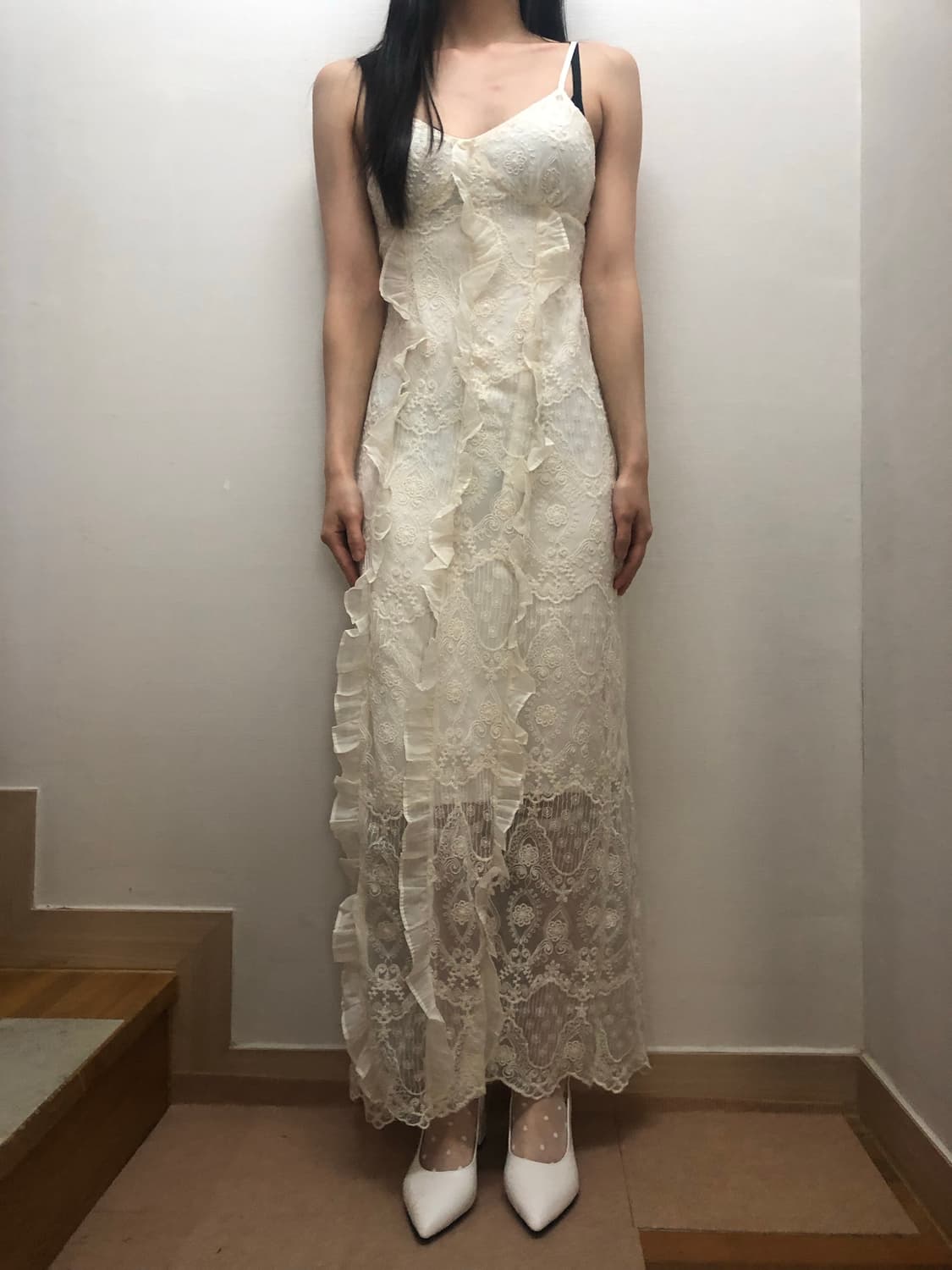 빈티지 아이보리 프릴 레이스 롱 원피스 상품이미지2
