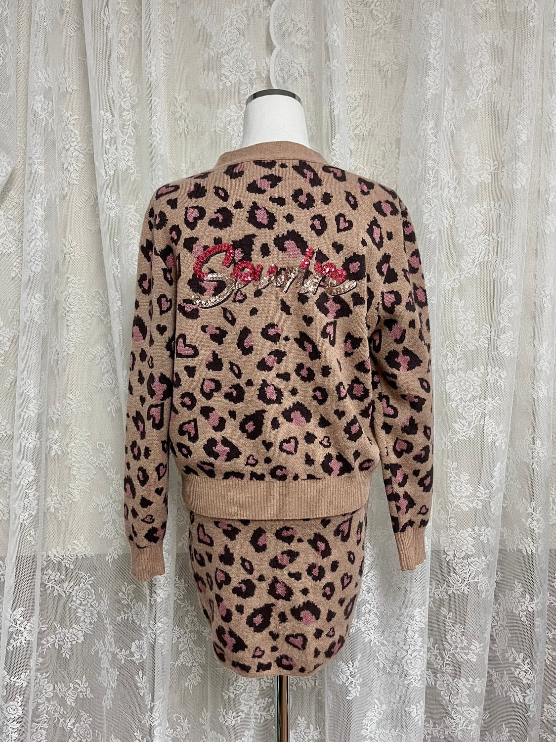 S) 에뜨르몽크 레오파드 가디건 니트스커트 셋업 상품이미지2