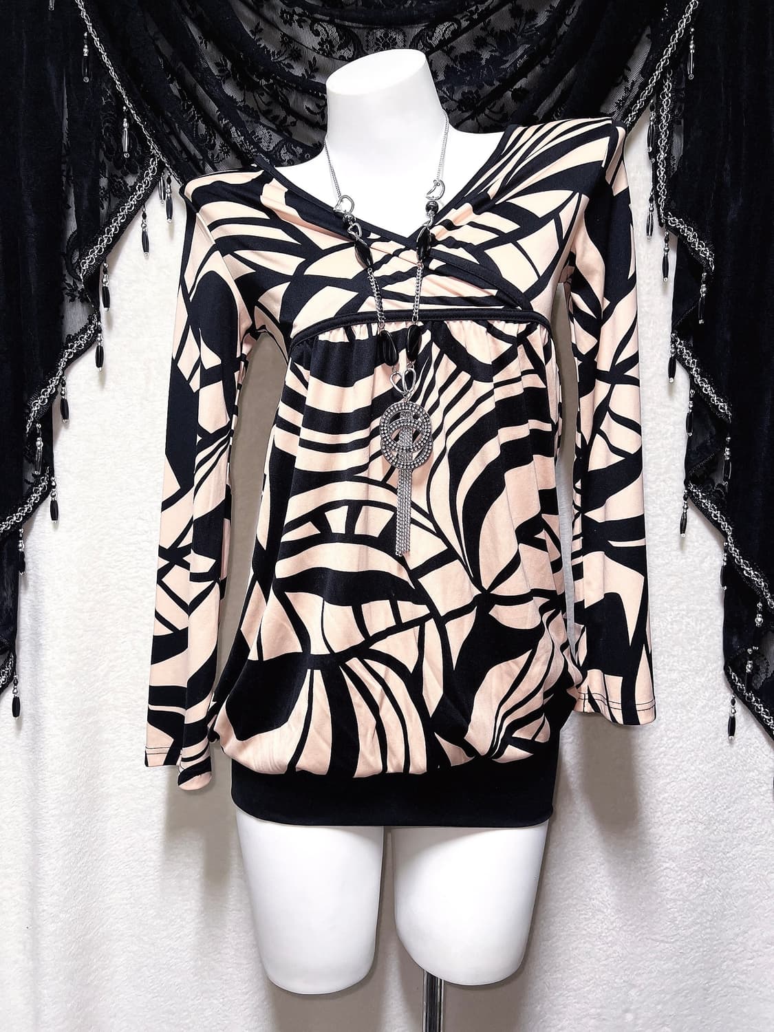 오네갸루 히메 로맨틱 로걀 기하학패턴 트임 아게하 벌룬원피스 섹시블라우스 상품이미지5