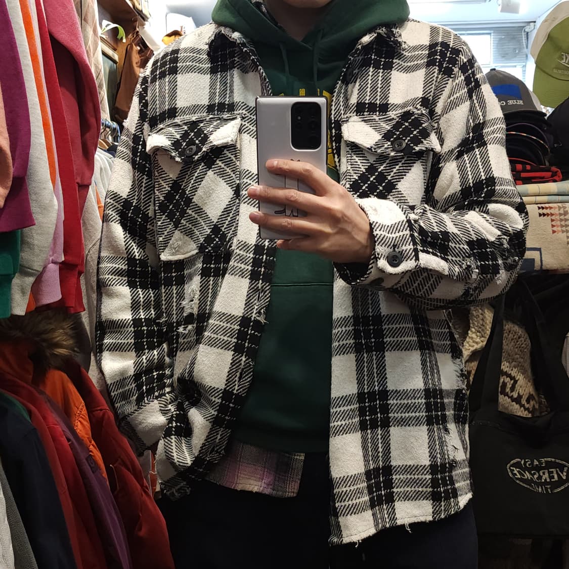 90s 빈티지 체크셔츠 헤비 플란넬 워크셔츠 데미지 블랙앤화이트 xl 상품이미지10