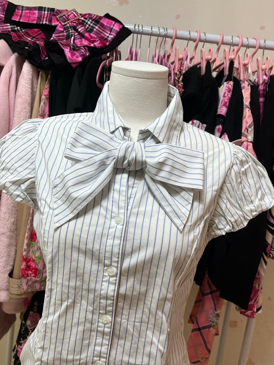 스트라이프 블라우스 셔츠 반팔 퍼프 리본 갸루 상품이미지2