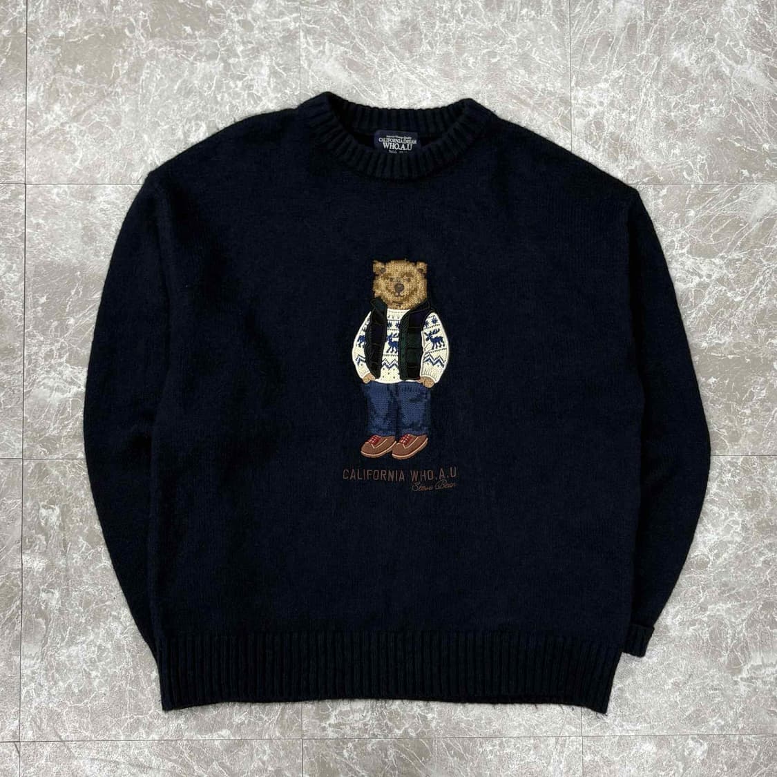 후아유 빅로고 베어 네이비 크루넥 니트(M) 상품이미지2