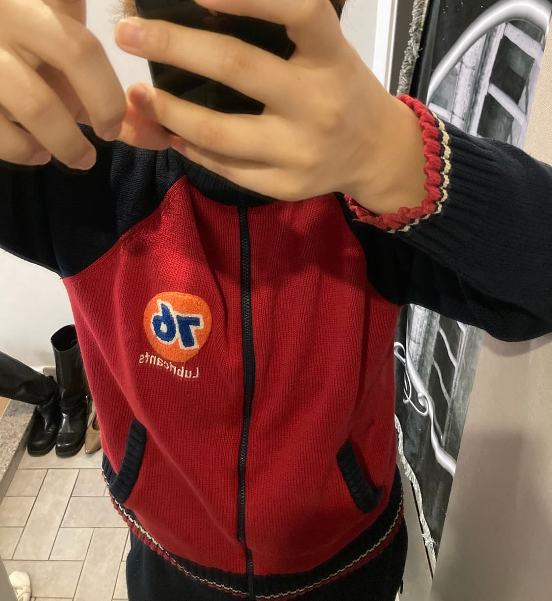 레글런 배색 긴팔 니트집업 상품이미지1