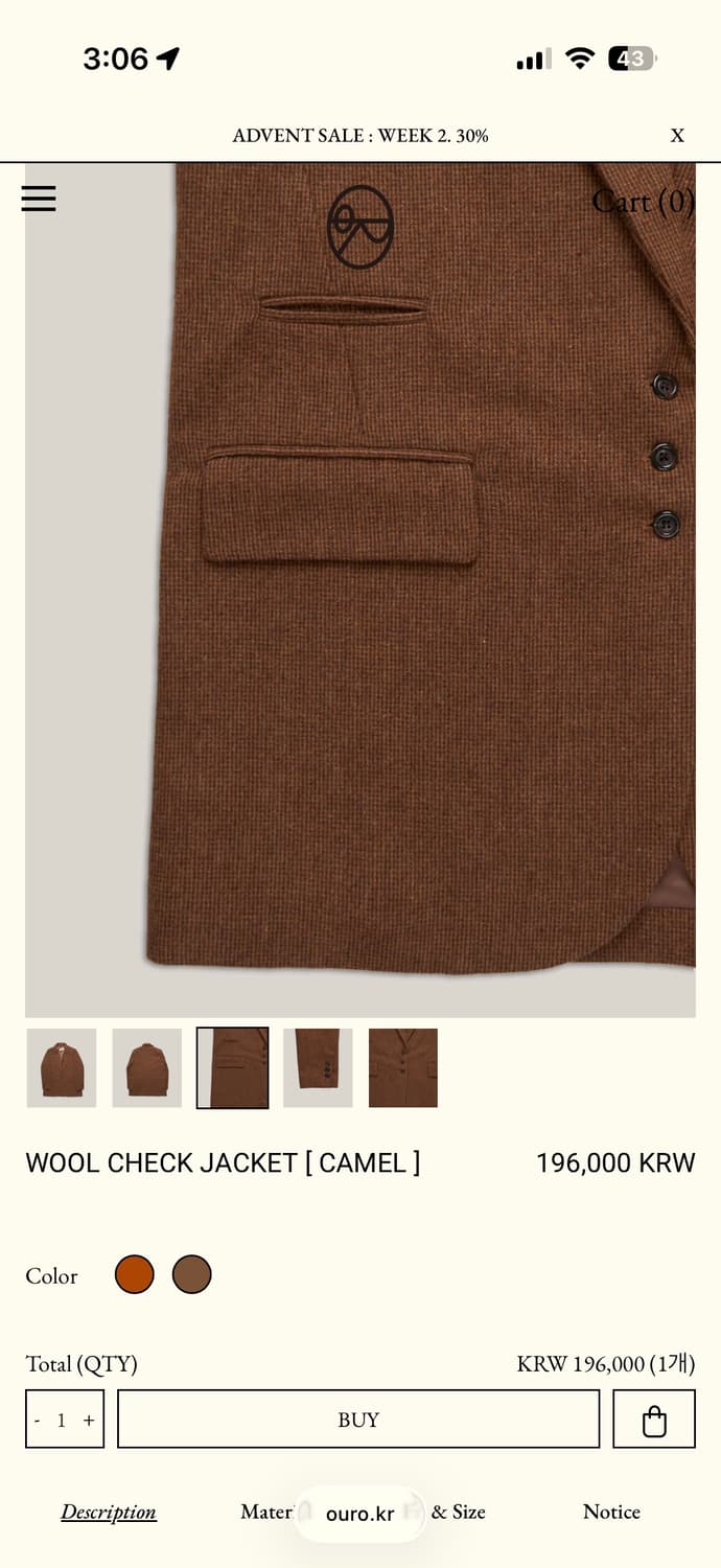 아우로 ouro WOOL CHECK JACKET [ CAMEL ] 상품이미지3