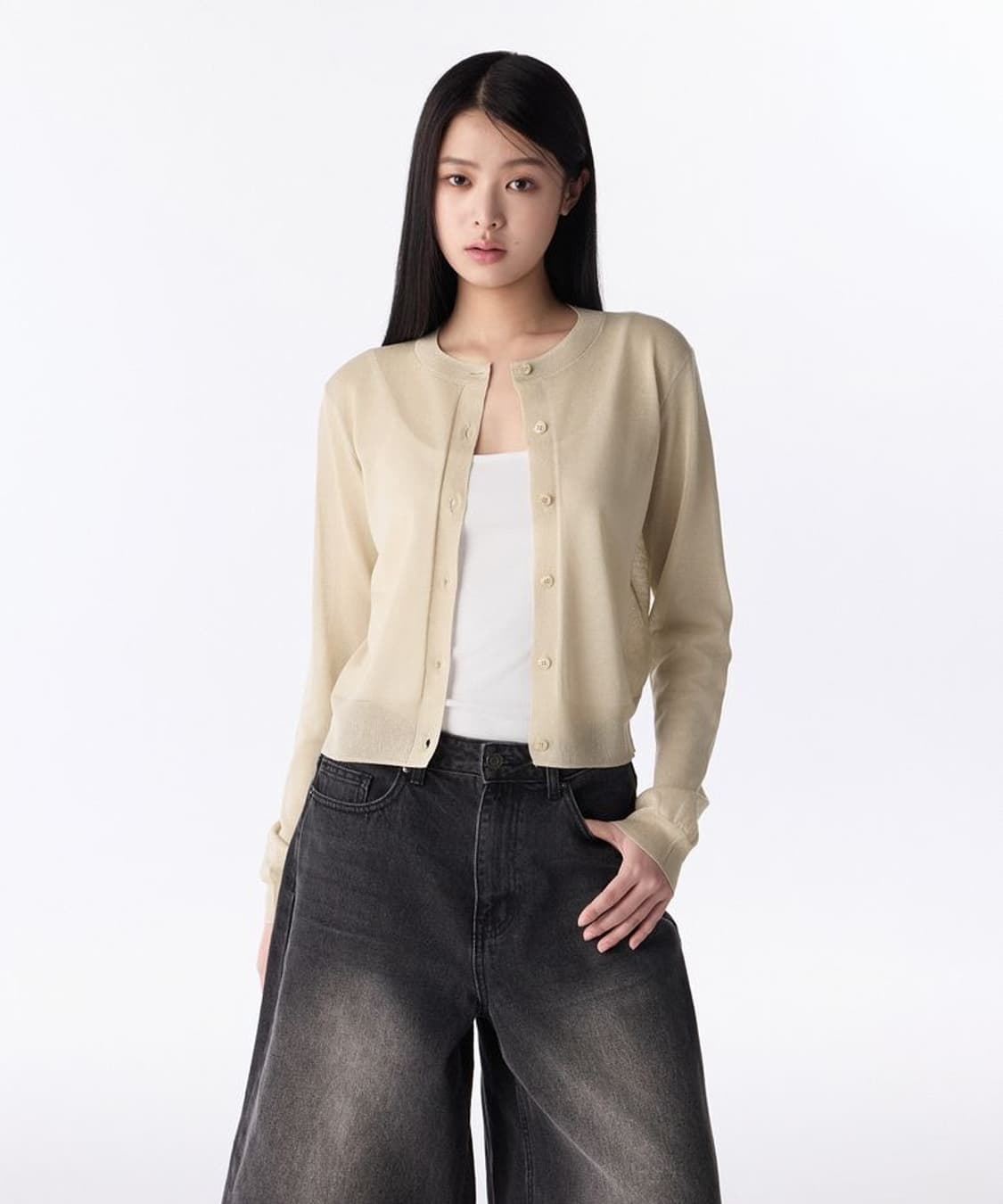 무신사 스탠다드 우먼 시어 라운드 넥 가디건 라이트 베이지 상품이미지1