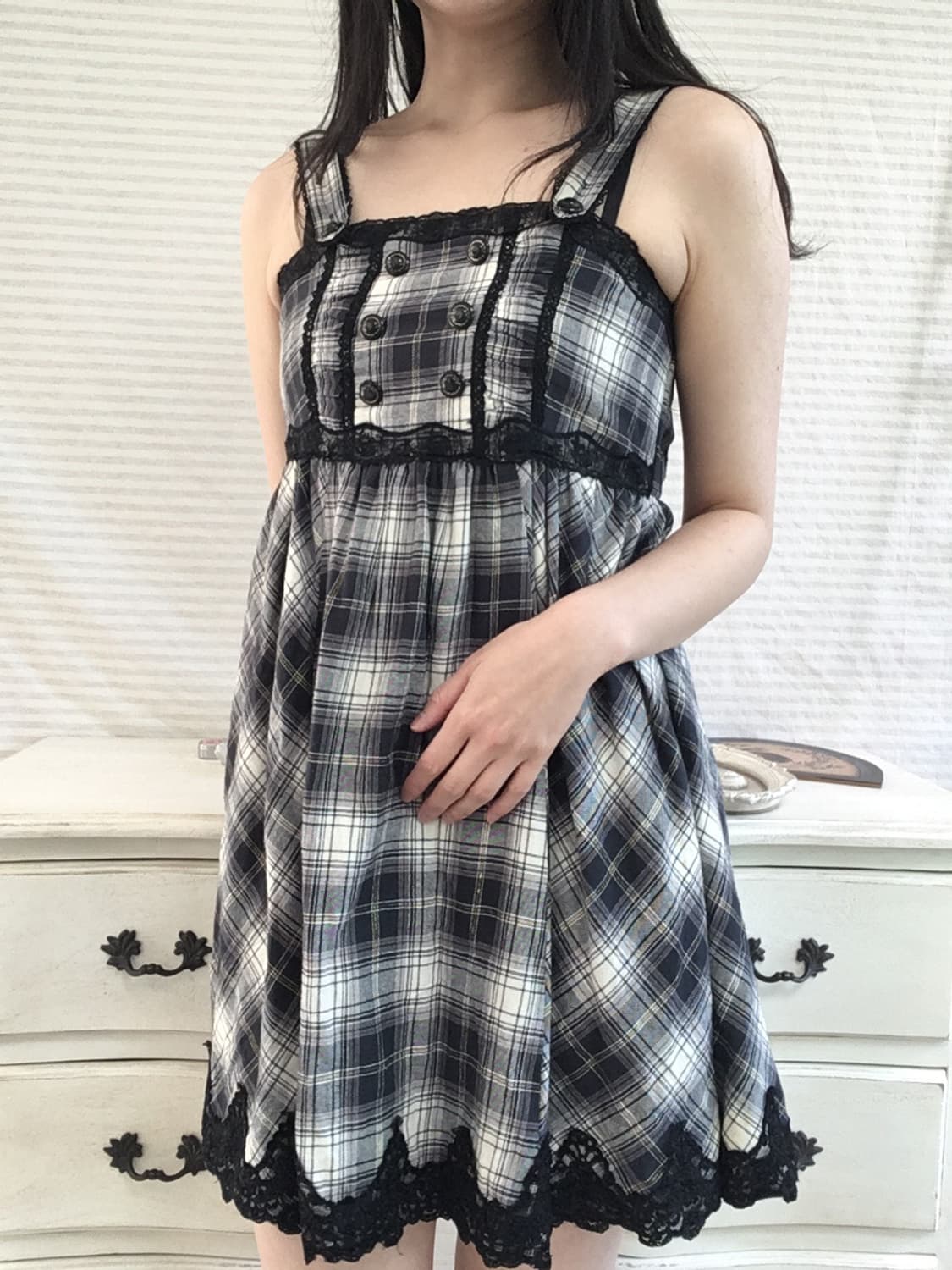 jpn vintage 네이비 체크 블랙 레이스 나시 원피스 y2k 스트릿 상품이미지3