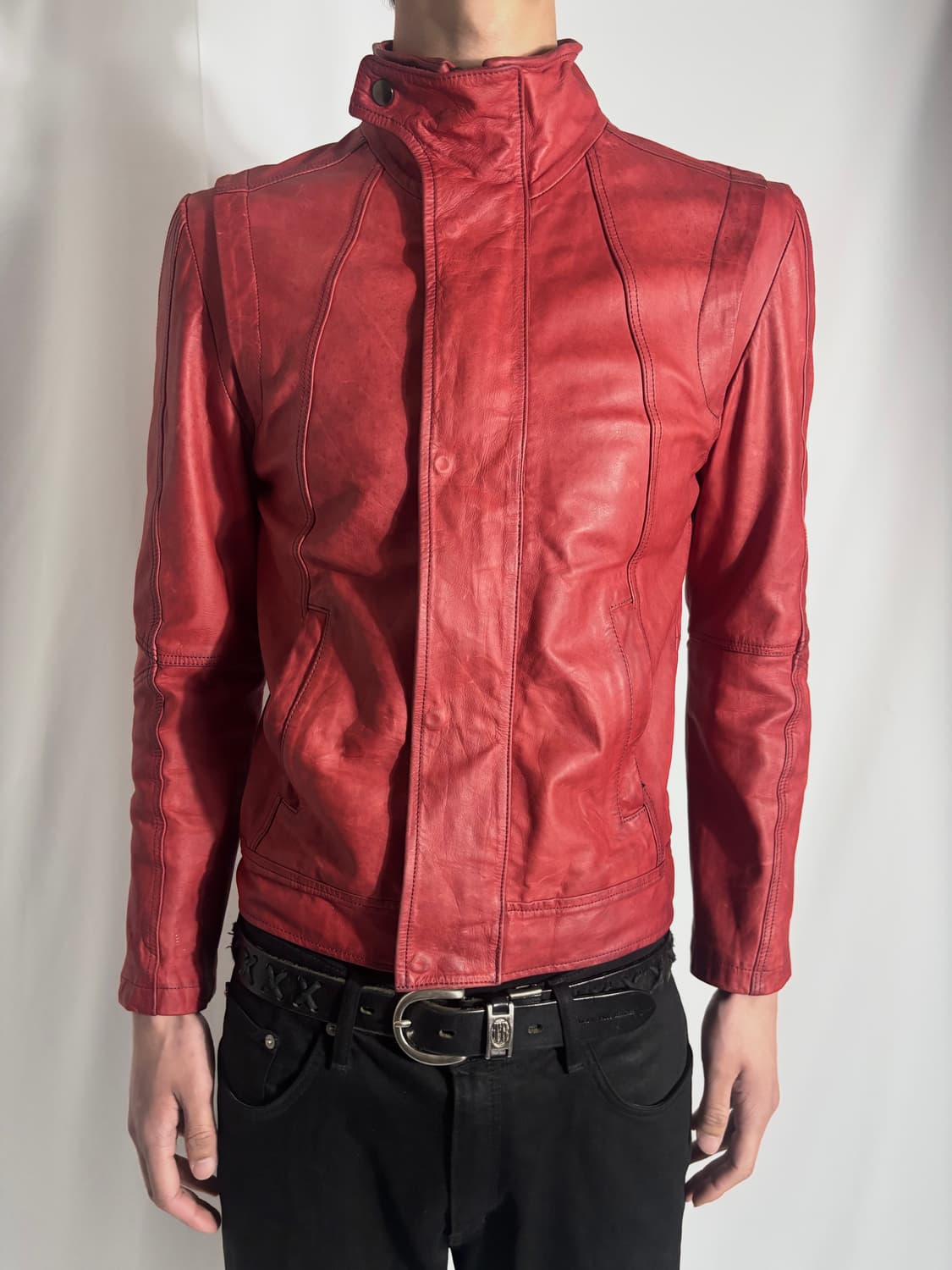 No ID Slim Red Leather Biker Jacket 상품이미지5