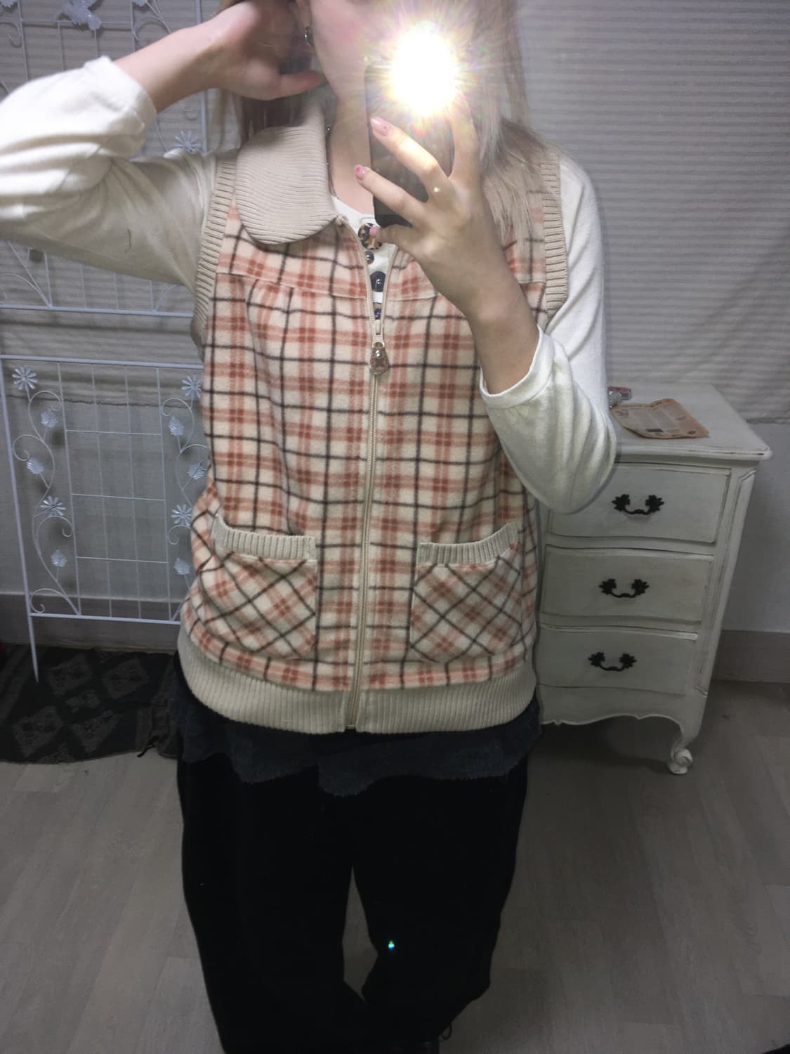 jpn vintage 베이지 핑크 카라 체크 플리스 집업 상품이미지4