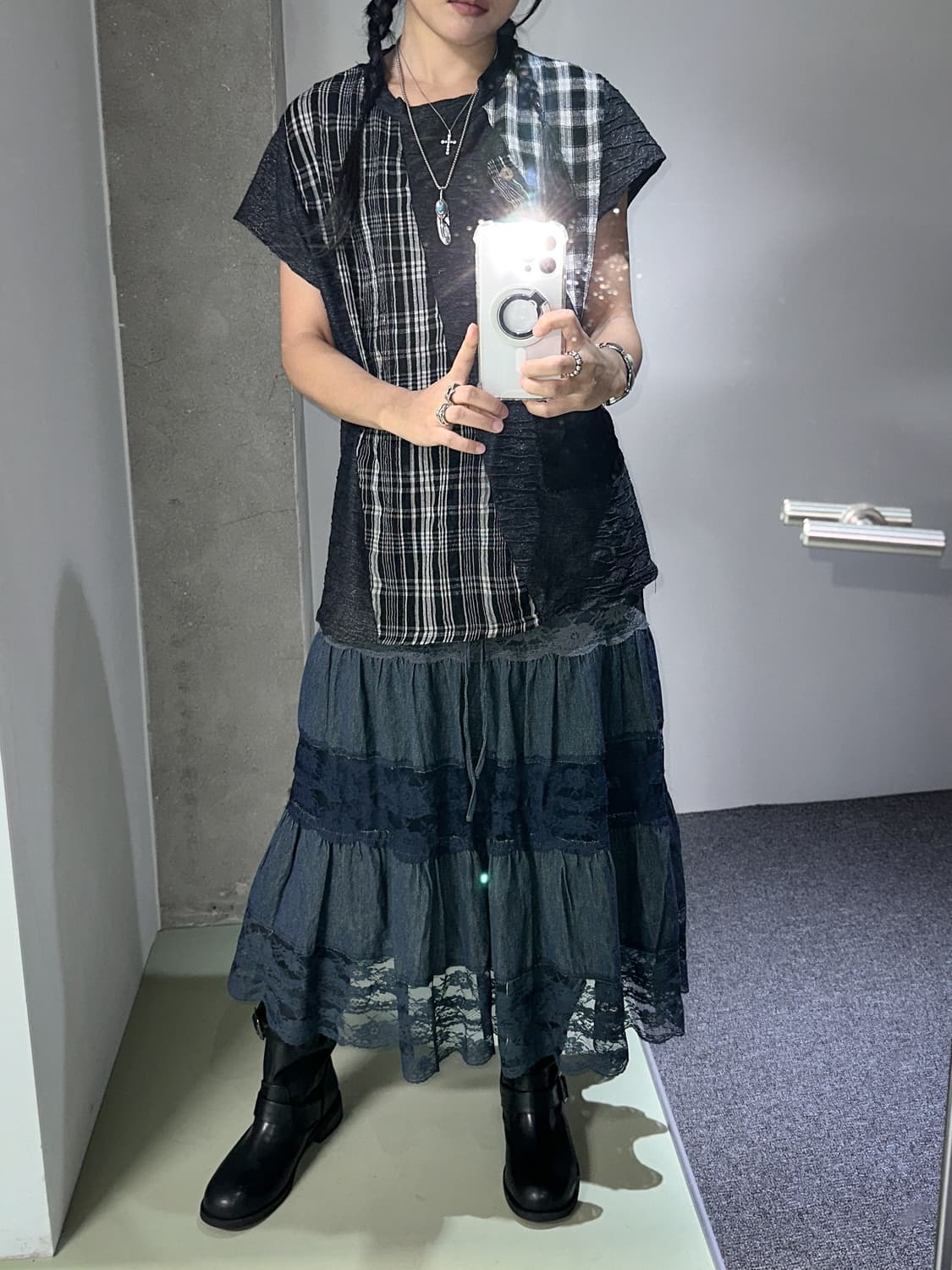 check pannel mix one pocket top 상품이미지4