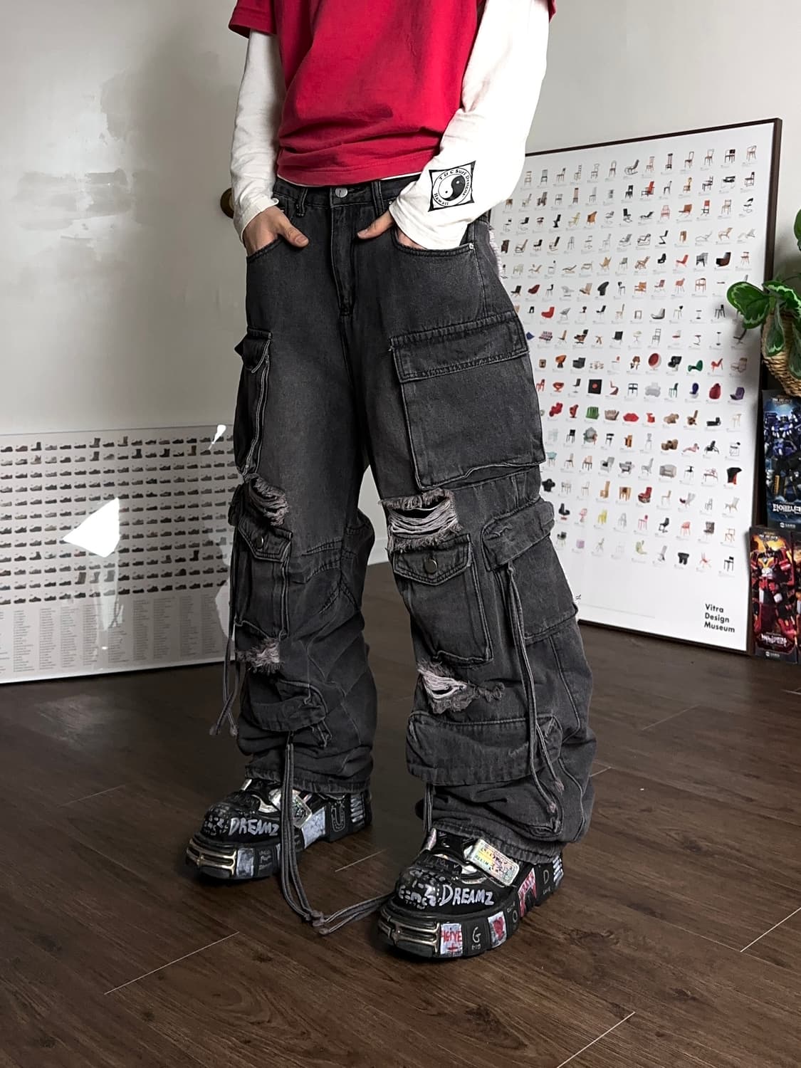 RVNTENG 디스트레스 & 리프드 데님 카고 팬츠 상품이미지5