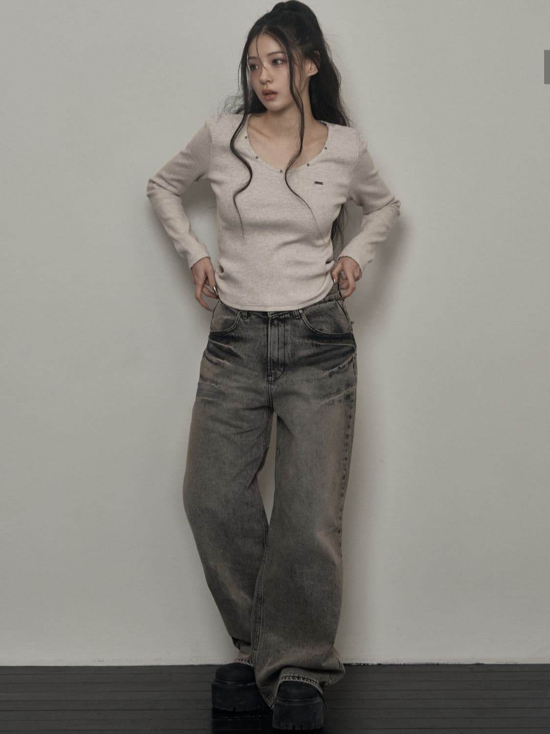 카키포인트 워싱 와이드 데님 s 상품이미지1