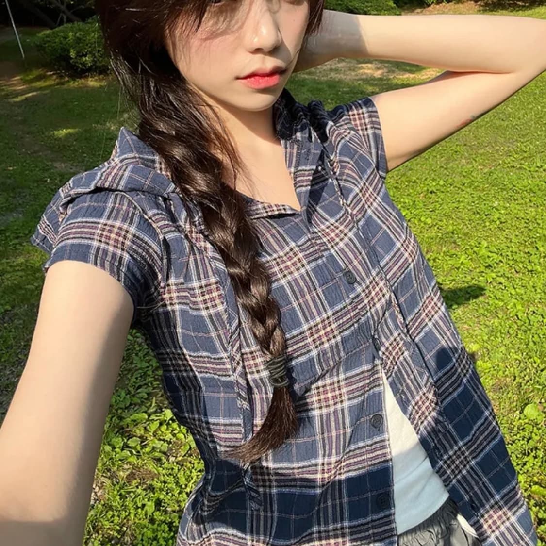 젤레나 빈티지 반팔 반소매 체크 셔링 후드 남방 네이비 상품이미지2
