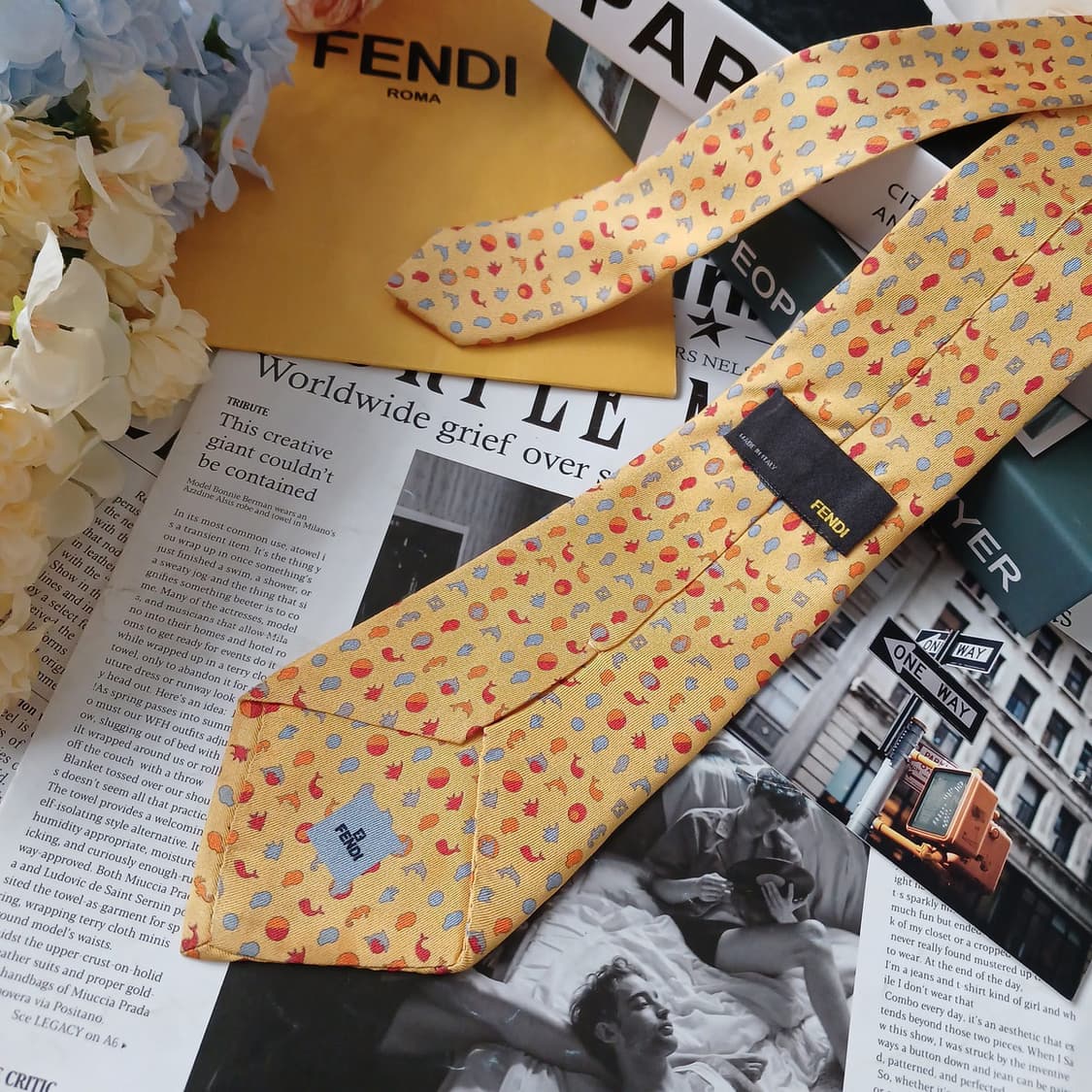 펜디 옐로우 어류 모티브 자카드 넥타이 9cm B등급 E924 상품이미지3