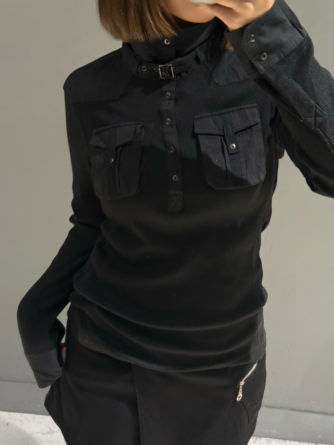 neck buckle pocket ribbed long sleeve 상품이미지3