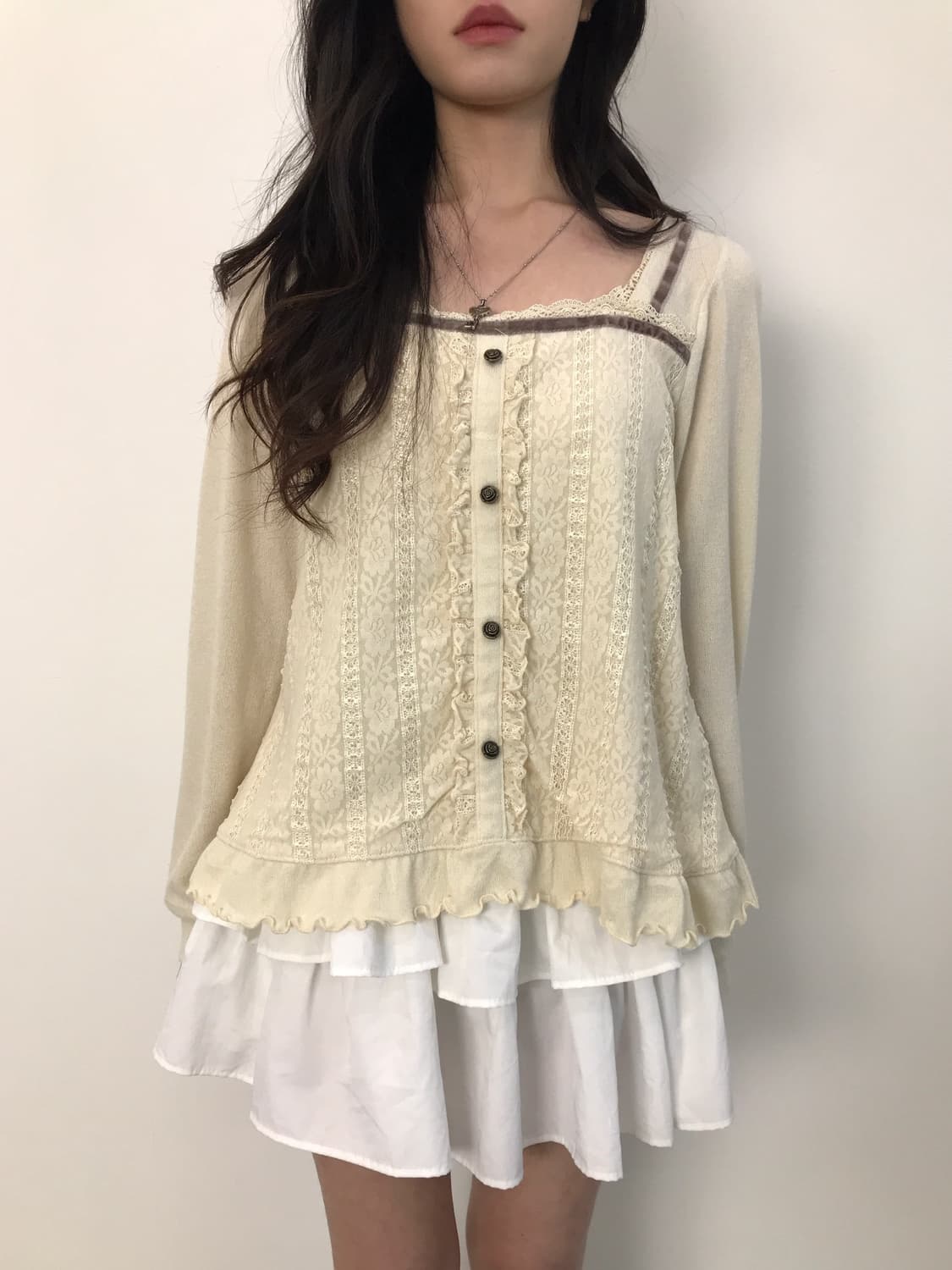 axes femme Lace Panel Button-up Top 상품이미지1