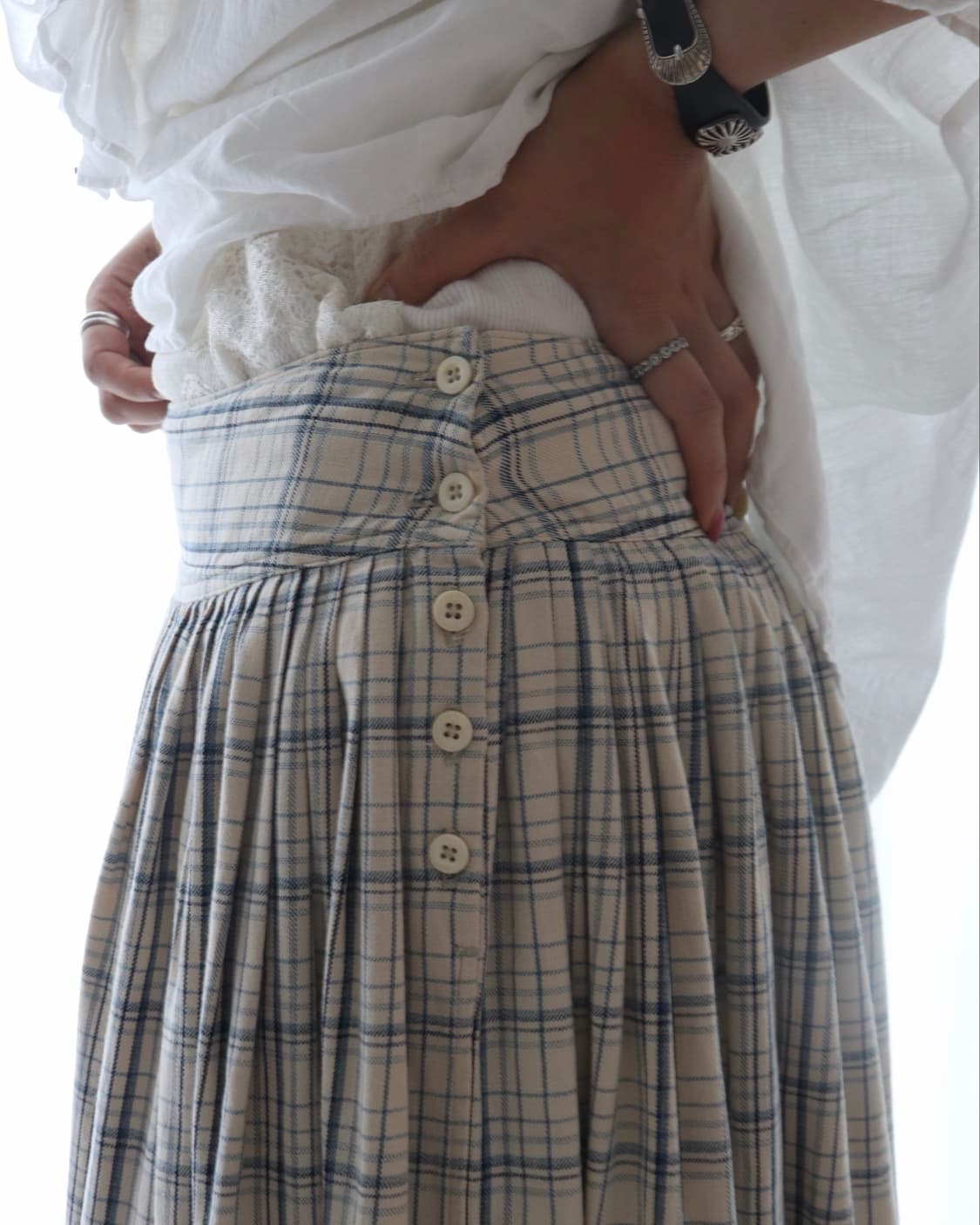 [45rpm] Blue Check Gather Flare Skirt 상품이미지5