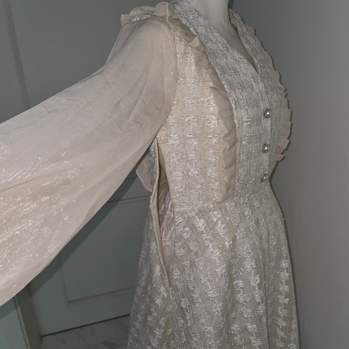 로판 화이트 트위드 쉬폰 로맨틱 진주 실크시스루st 원피스 상품이미지5