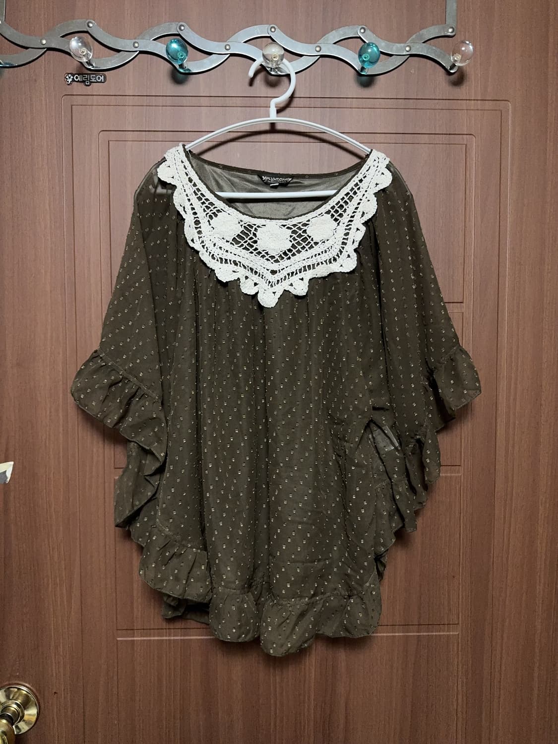모리걸 라떼갸루 하구미 일본 빈티지 도트 크로셰 쉬폰 판쵸 블라우스 상품이미지1