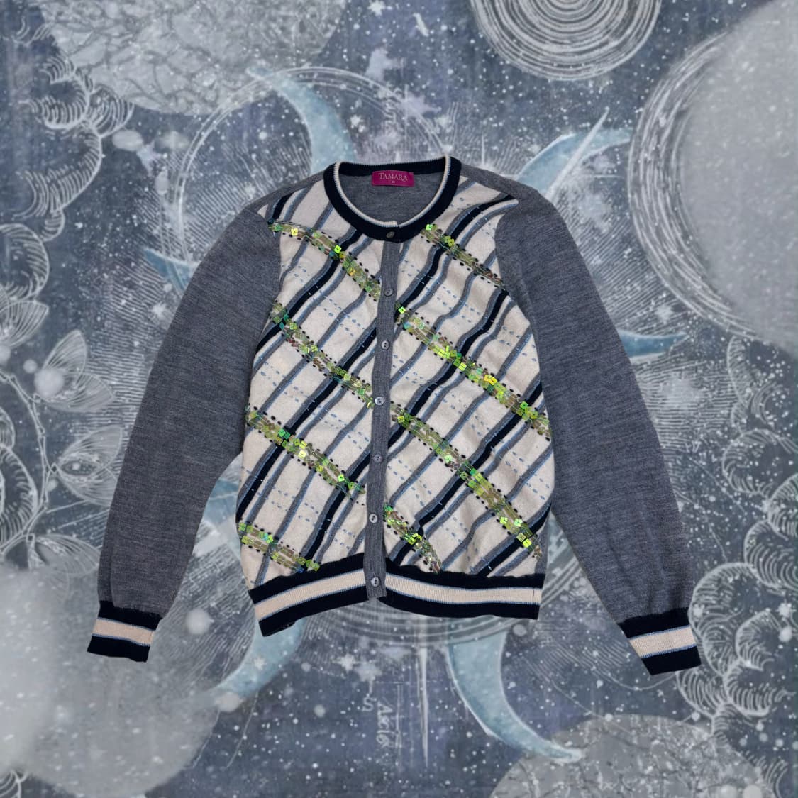 빈티지 그레이 스팽글 체크 패턴 가디건 상품이미지1