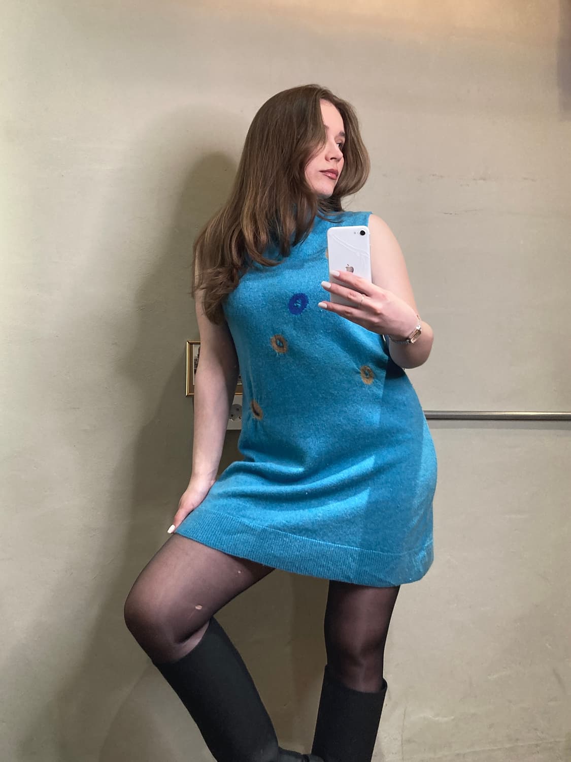 터콰이즈 블루 빈티지 반넥 울 원피스 도트 포인트 상품이미지2