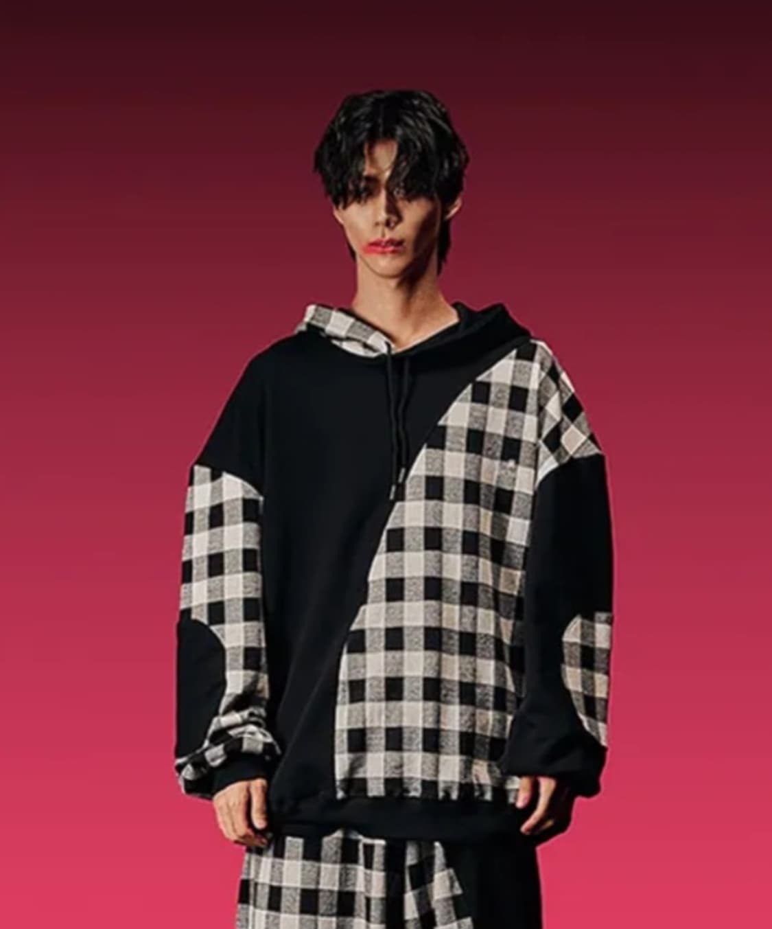 레큘리 체크 배색 후드티 상품이미지1