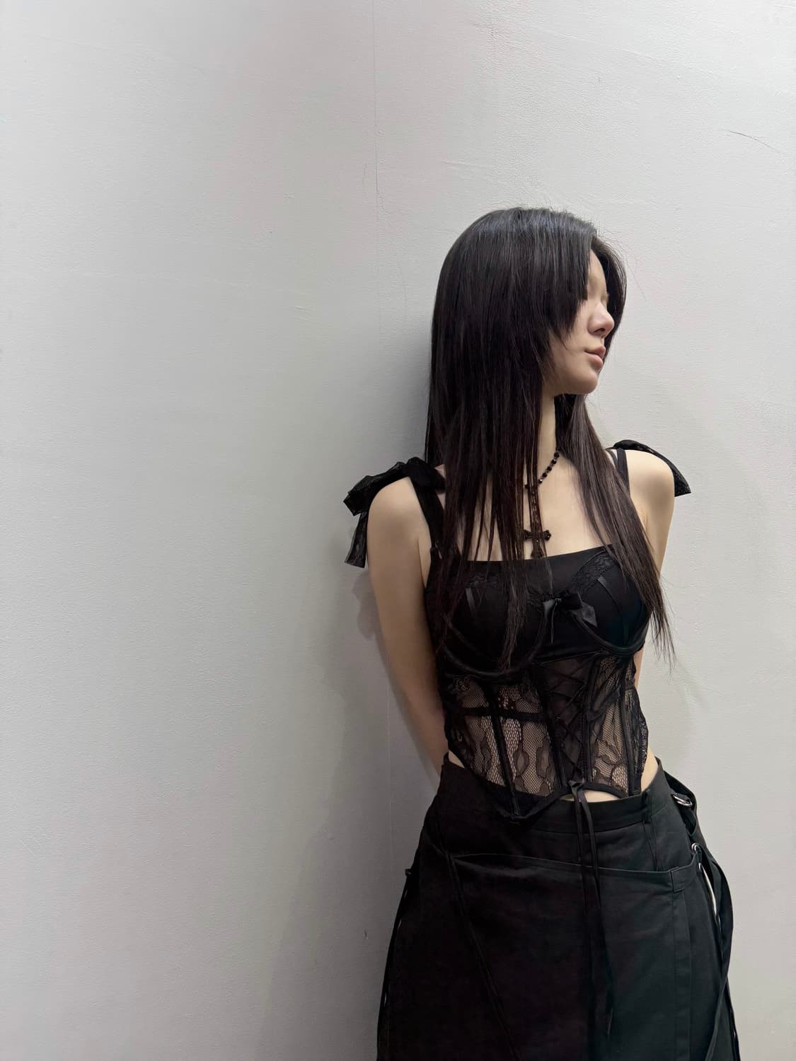 크롭 시스루 리본 코르셋 상품이미지2