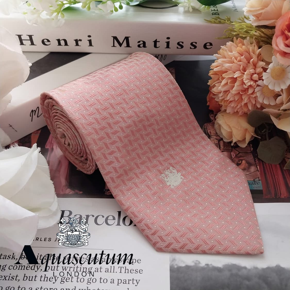 아쿠아스큐텀 실크 핑크 자카드 패턴 넥타이 9.4cm A등급 K2407 상품이미지1