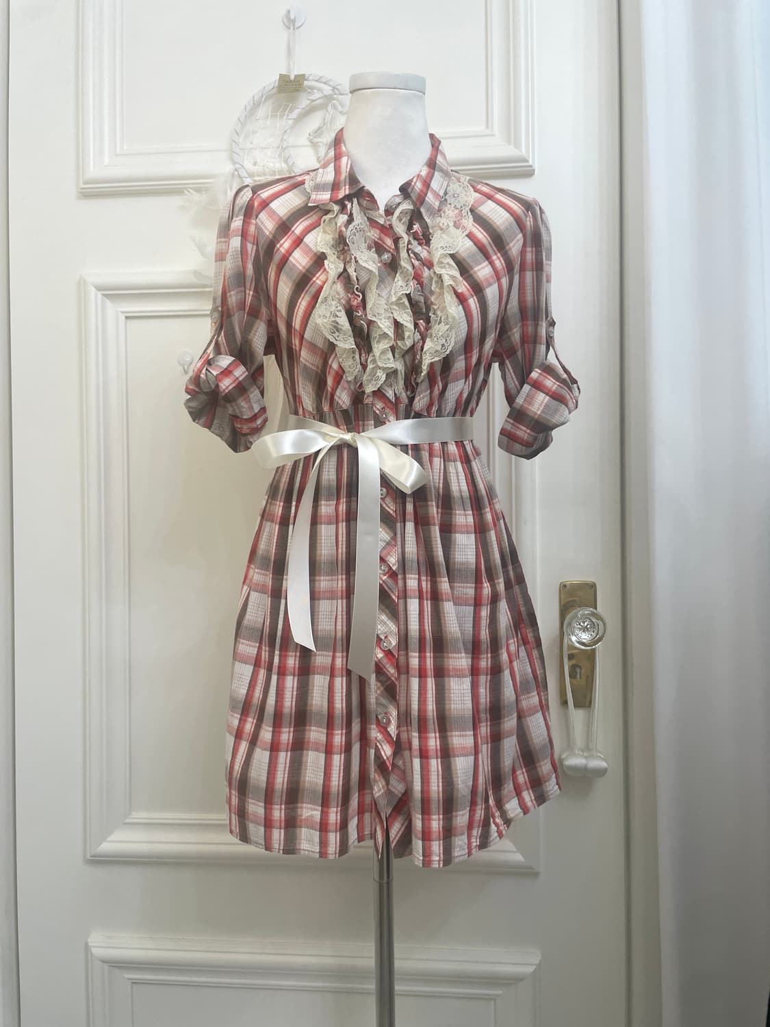 red brown check roll-up lace point midi 상품이미지1