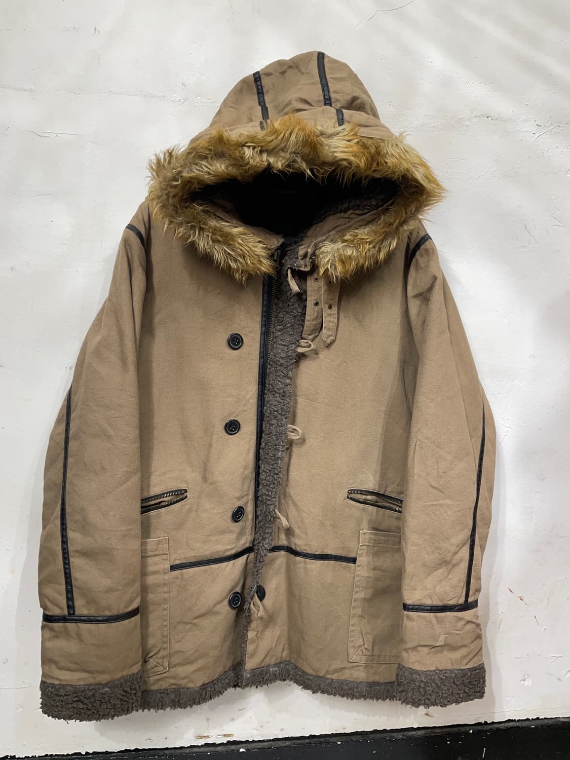 일본빈티지 밀리터리 울프죠 모카 베이지 퍼 후드 자켓 개파카 야상 L 상품이미지7