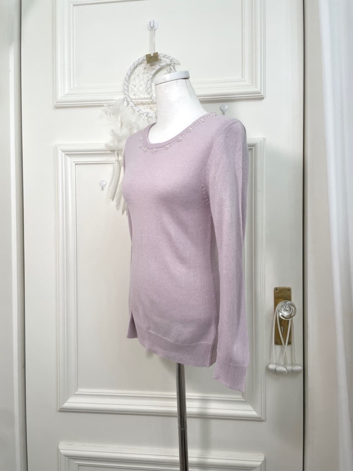 pink lavender neck beads point slim knit 상품이미지2