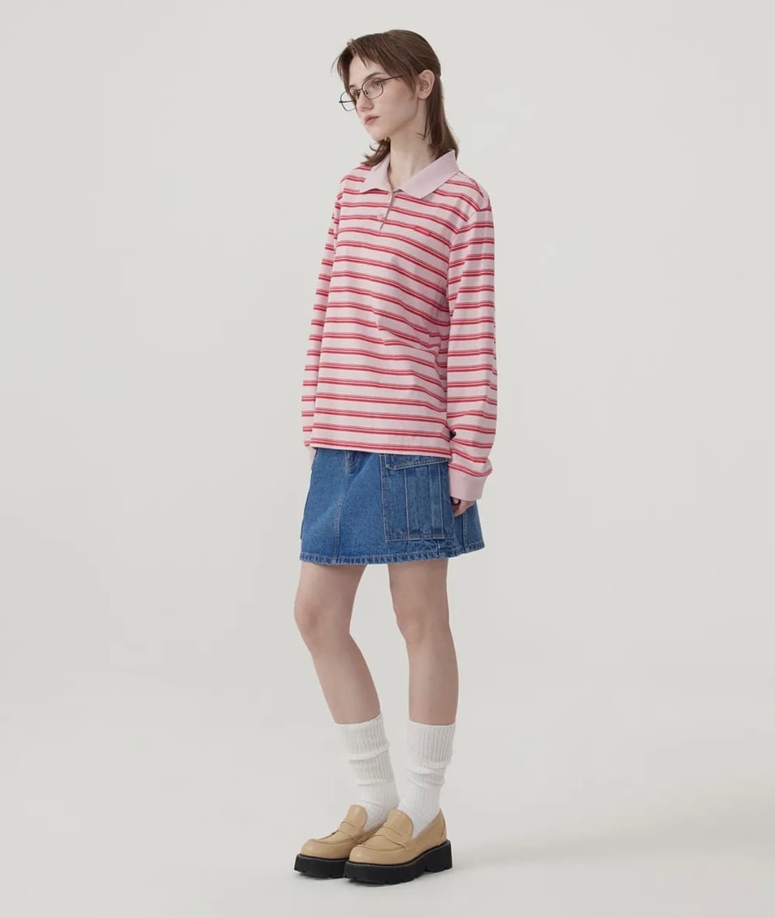 커버낫 우먼 스트라이프 럭비 롱 티셔츠 Light Pink 상품이미지1