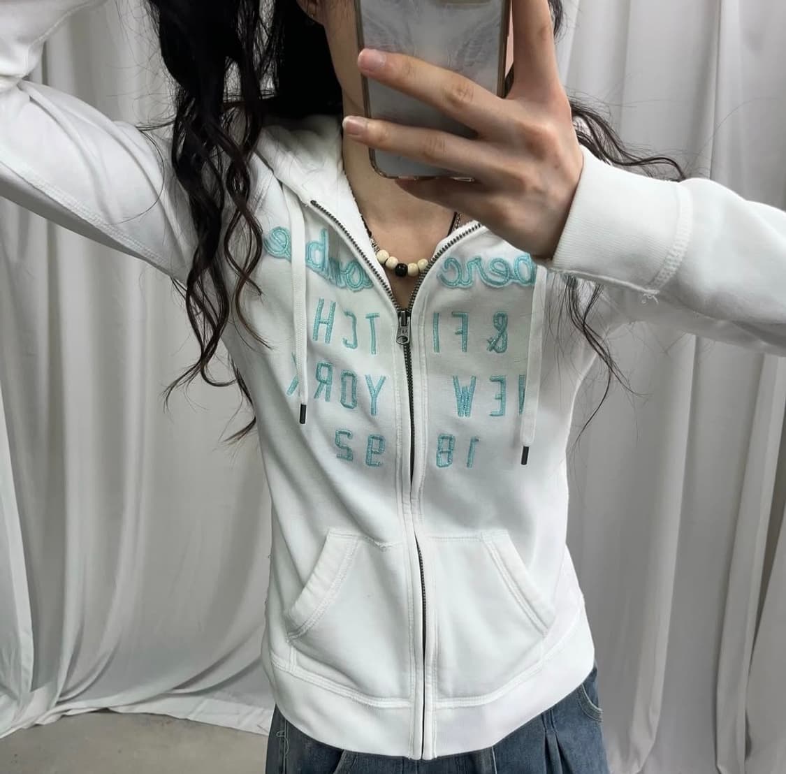 빈티지 y2k 아베크롬비 퓨어화이트 베이비블루 버블검 후드집업 딱붙핏 상품이미지4