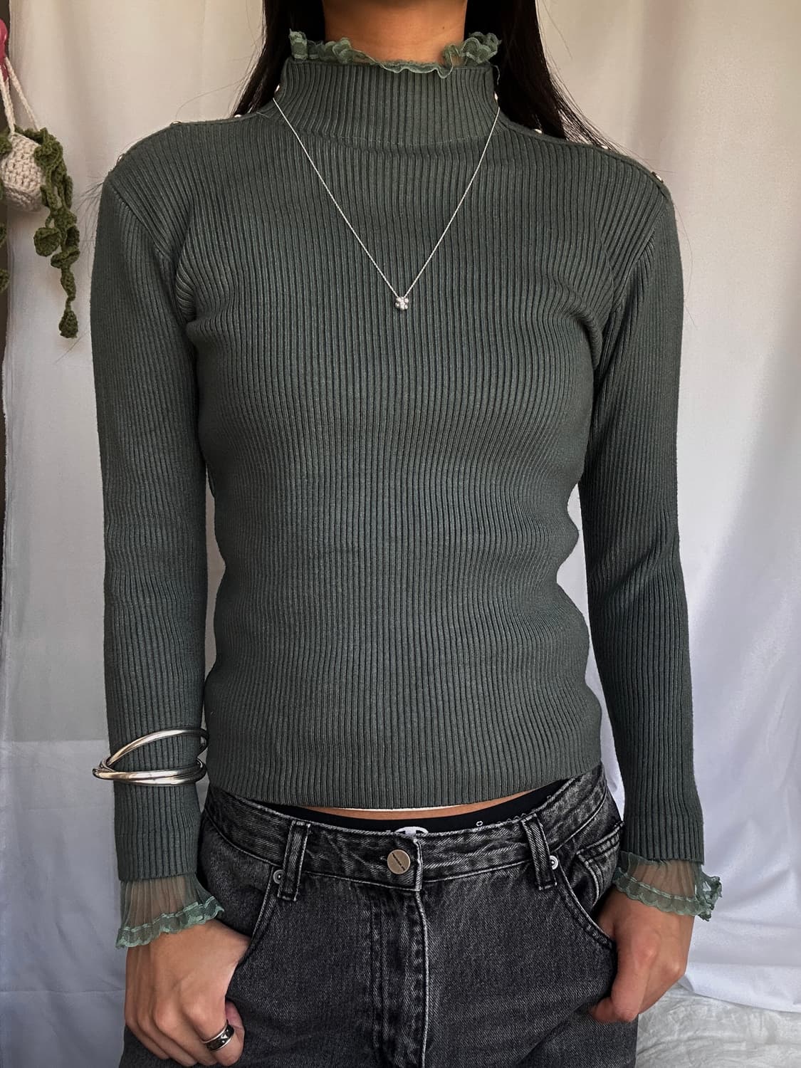 빈티지 레이스 레이어드 목폴라 니트 상품이미지1