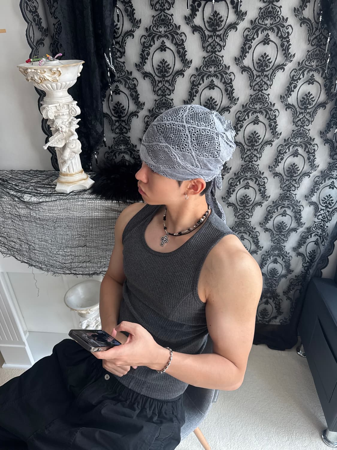 시스루 그레이 뒷밴딩 스트랩 듀렉 헤어두건 상품이미지2