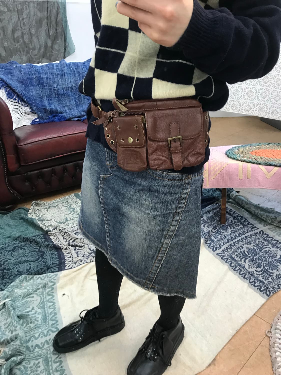 빈티지 별 펀칭 디테일 가죽 웨이스트백 벨트가방  상품이미지1