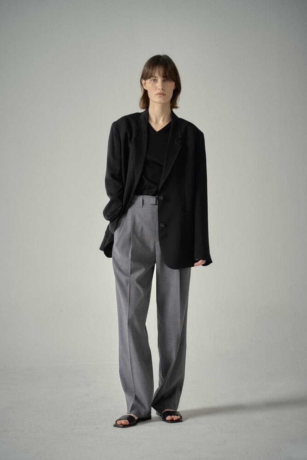 [XS] 파사드패턴 썸머울 벨티드 팬츠 차콜 상품이미지2