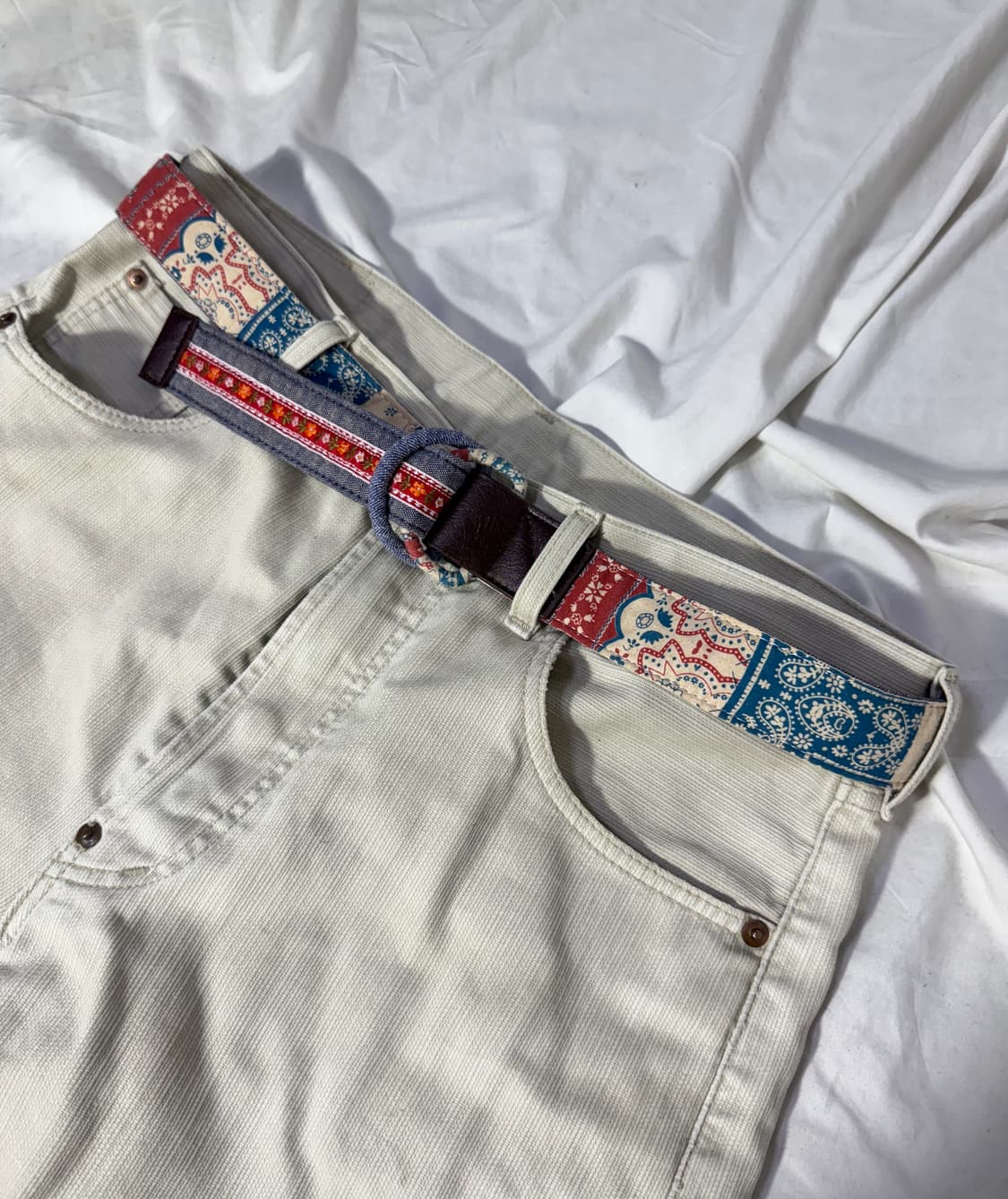 빈티지 리버시블 페이즐리 플라워 자수 패턴 패브릭 링 벨트 상품이미지1