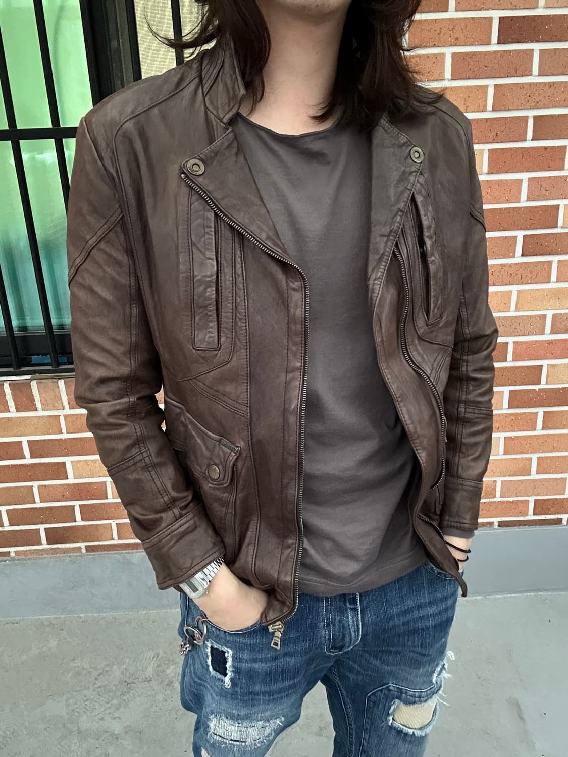 (L)게스 쉽스킨 빈티지 레더자켓 상품이미지1