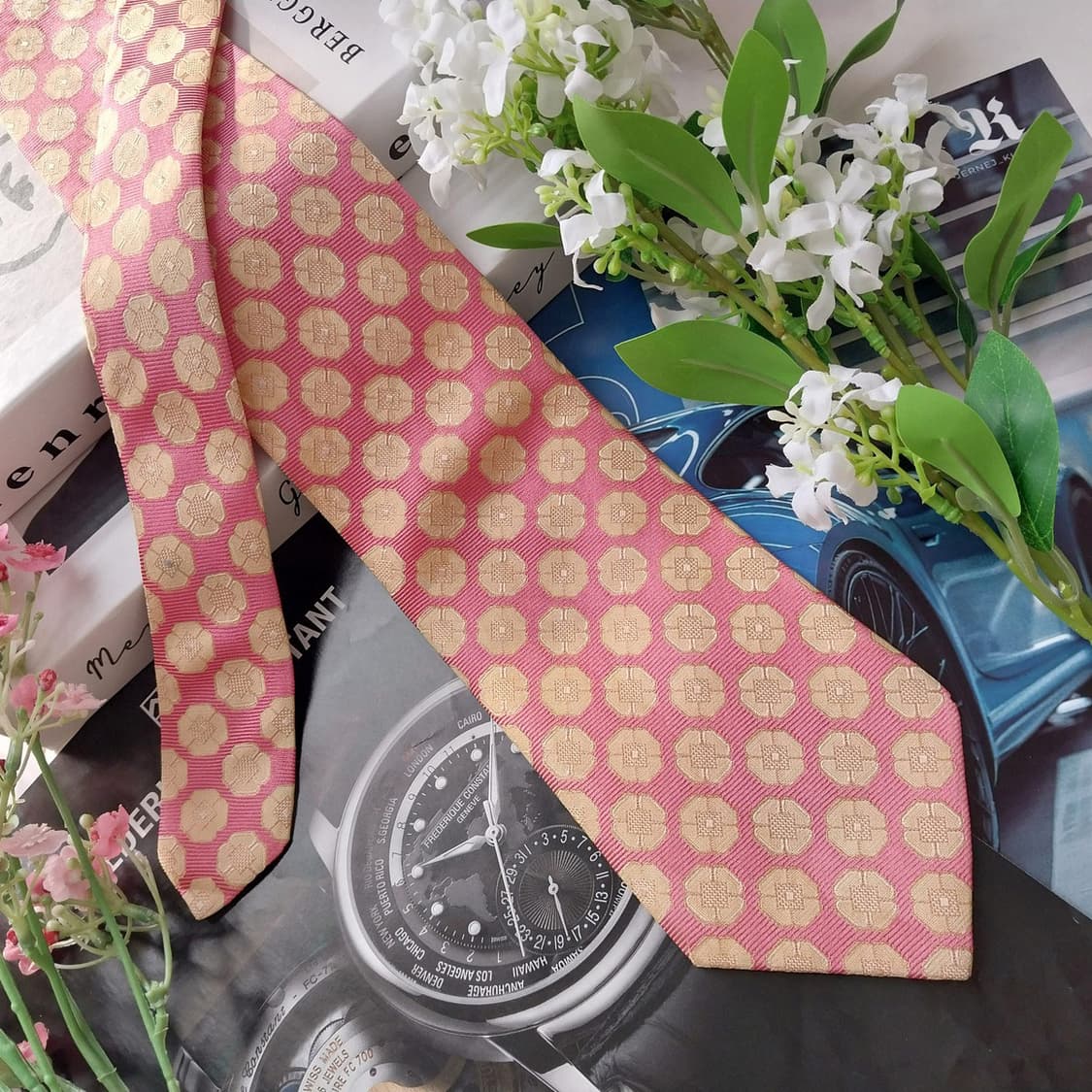 휴고보스 실크 핑크 플로럴 기하 패턴 넥타이 9.1cm A등급 K1653 상품이미지3