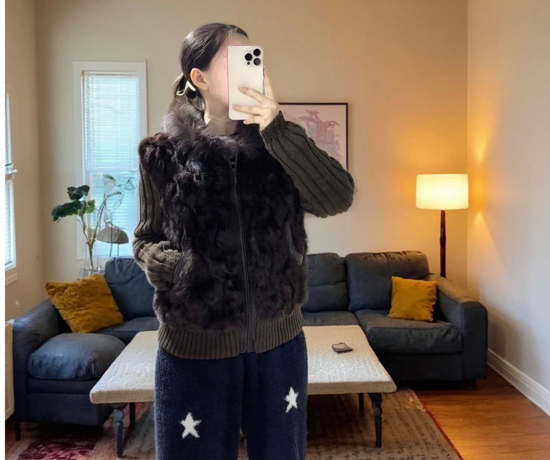 빈티지 브라운 폭스퍼 후드 웨이브 토끼털 양가죽 니트자켓 후드집업 상품이미지4