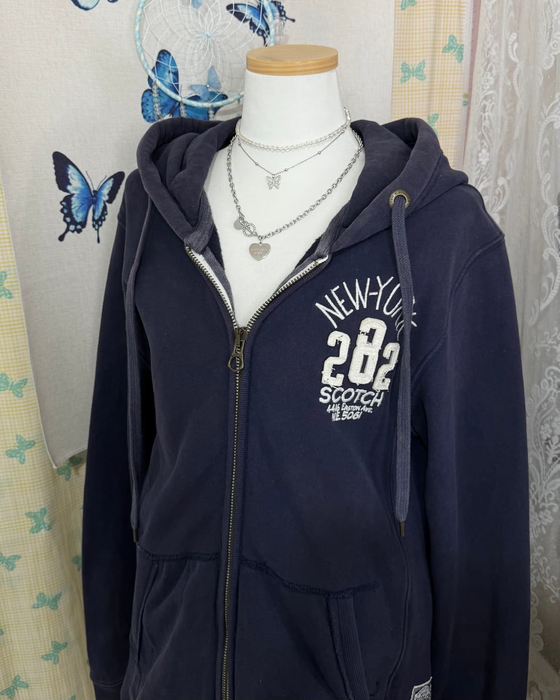 네이비 오버핏 레터링 후드 집업 상품이미지5